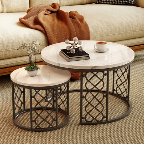 Nesting Tische MDF Marmoroptik Weiß, 2er-Set mit Metallgestell, 70 cm