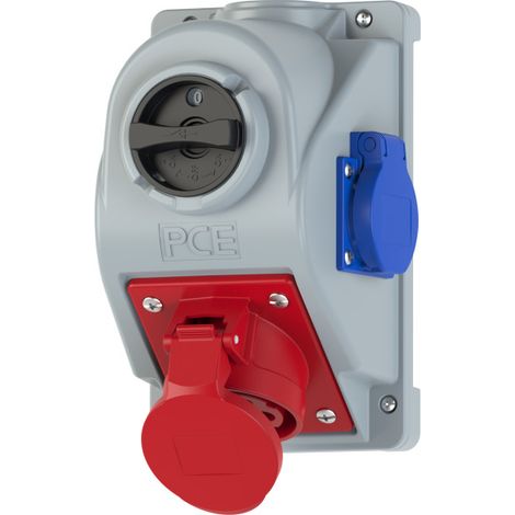 Prise industrielle femelle COMBO-POL avec inverseur rotatif L‑0‑P 32A 5P 400V 6h 1x prise 2P+T 16A 230V IP44 PCE