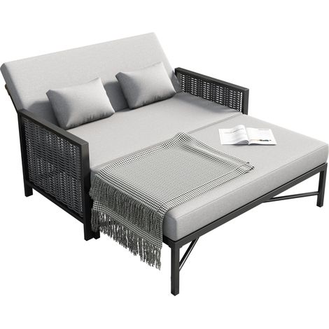 Sillón Doble de Jardín 2 Plazas con Respaldo Reclinable 5 Posiciones y Reposapiés Plegable en Poliéster Gris (1/5)