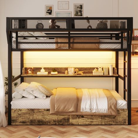 Lit superposé, 90 x 200 cm, structure en fer, étagère, panier de rangement, 2 tiroirs en fer, éclairage LED, sans matelas, noir, lit enfant avec rangement, cadre robuste pour usage quotidien (1/5)