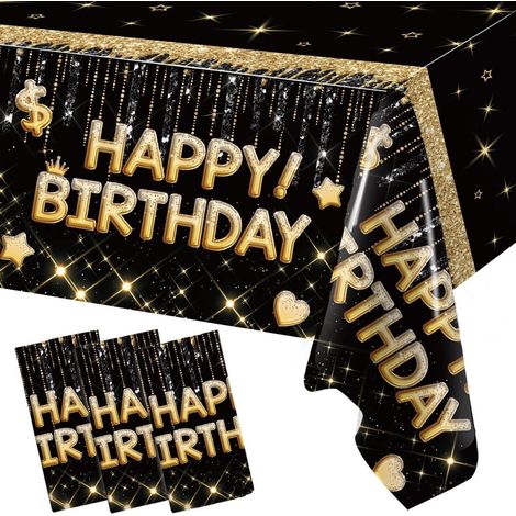 Nappe Anniversaire Noir Or 3 pièces, 220x130cm, Jetable, Imperméable
