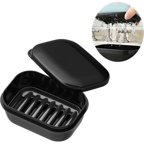 Jabonera portátil de drenaje de doble capa: impermeable y hermética con tapa, adecuada para baños domésticos y campamentos de viaje, diseño de drenaje de doble capa, negro.