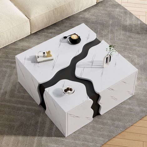 Geometrische quadratische Couchtisch, 70 x 70 x 31 cm, mit Schublade, einzigartiges Design mit Marmor-Effekt Furnier, moderner Couchtisch für Wohnzimmer - Schwarz und Weiß (1/5)