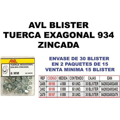 avl blister tuerca hexagonal 934 5 mm zincada  2462 (caja 15 unidades)