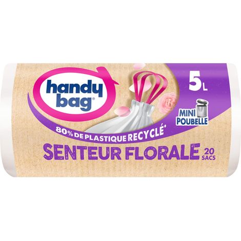 Handy Bag - Rotoli di 20 sacchetti per la spazzatura del bagno, profumo floreale, 5 l, 80% plastica riciclata, chiusura con lacci, adatti per mini bidoni, 34 x 34 cm