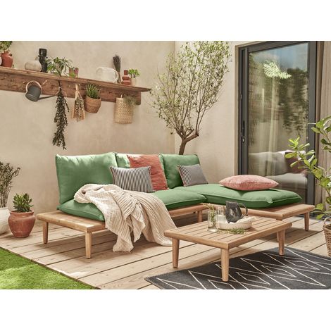 Papeete - salon bas de jardin avec coussins vert - 4 places + table - en bois d'acacia fsc 100%