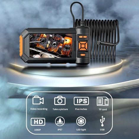 Caméra endoscopique avec lumière, endoscope HD 1080P, écran LCD 5'', 8 supports de lumières LED réglables, inspection à double objectif, cordon rigide de 16,4 pieds, noir (1/5)
