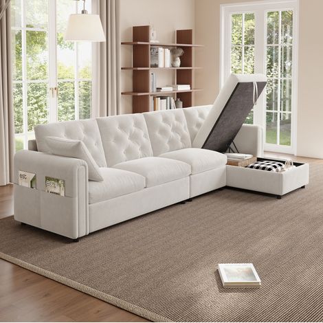 Ecksofa 281x132x86 cm Beige Samt mit Schlaffunktion und Stauraum (1/5)