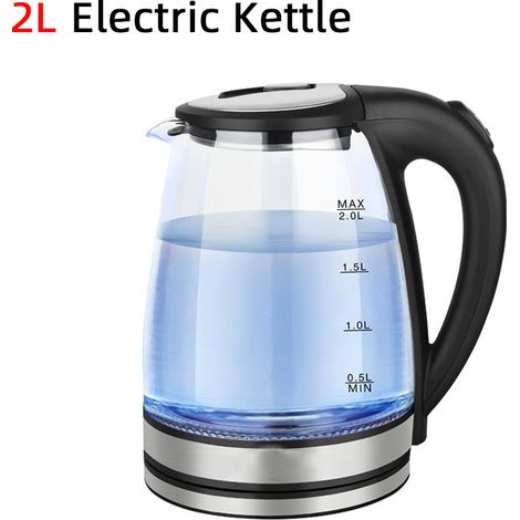 Bouilloire électrique en verre bleu clair 2 L (noire) avec arrêt automatique en acier inoxydable (1/5)