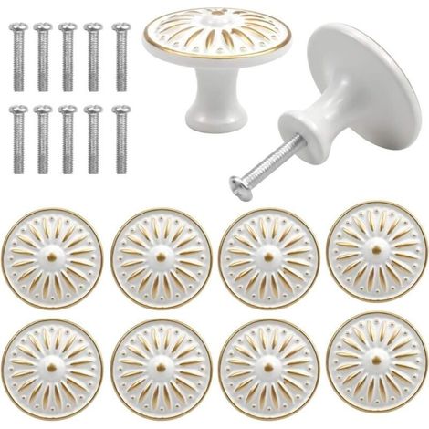 Lot de 10 poignées de porte et tiroir vintage, 35 mm, rondes, pour meubles, cuisines, chambres d'enfants (blanc)