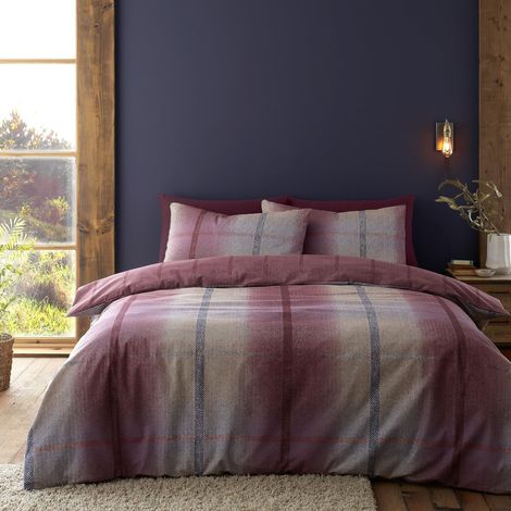 Parure de lit Double réversible en Coton brossé Melrose Tweed avec Housse de Couette et taies d'oreiller Prune (1/5)