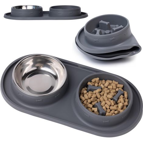 Fressnapf mit Anti-Fress-Funktion für Katzen und Hunde – Fördert die Verdauung – Edelstahlnapf und auslaufsichere Silikonmatte – Für kleine und mittelgroße Rassen (1/4)