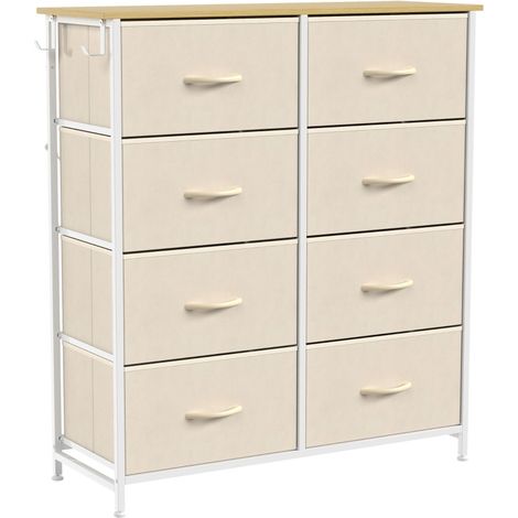 Commode 80x30x94,5 cm en tissu et métal beige, 8 tiroirs, rangement pour chambre – MEUBLIV (1/5)