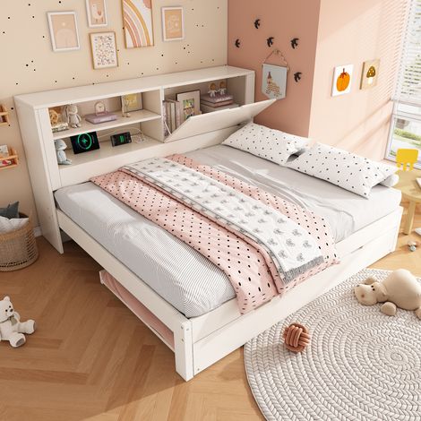 Canapé-lit 140x190cm - avec lit gigogne - avec USB/Type-C - avec 1 porte et compartiment de rangement - blanc (matelas non inclus)