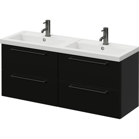 Napoli 390 Matt Black 1200mm Wall Mounted 4 Drawer Vanity Unit with Double Lucia Basins - 1200mm - Gunmetal Grey 320mm Handle