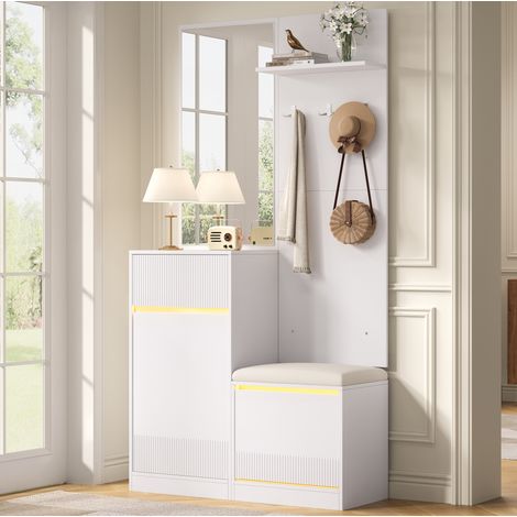 Meuble rangement d’entrée avec miroir, banc à chaussures, LED, blanc OKMYHOME