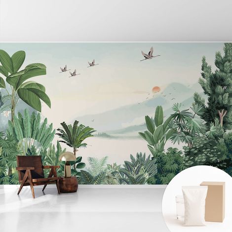 Papier peint intissé pour salon chambre à coucher peint imprimé Installation facile - Colle incluse gratuite Oasis tropicale 416x254 cm (1/5)