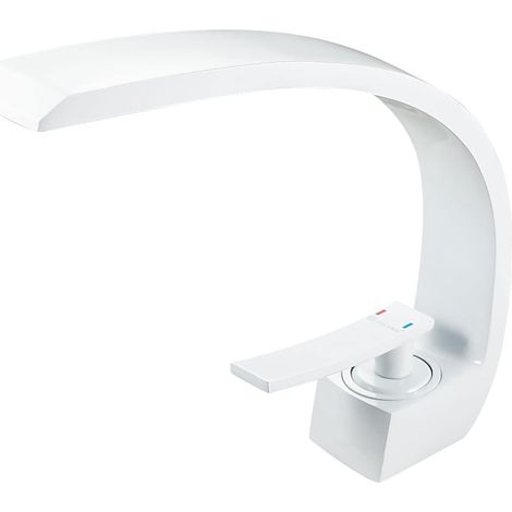 Robinet Salle de Bain Monotrou,Elégant Robinet de Lavabo Laiton Chromé,Robinetterie Minimaliste Moderne Blanc Design Unique Elégant,Eau Froide & Chaude Disponible.SP-12017-B
