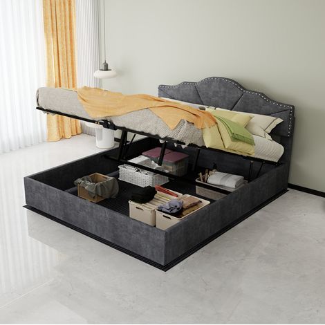 Cama canapé abatible 160x200 cm de tela y metal gris, con almacenaje y colchón – MEUBLIV (1/5)