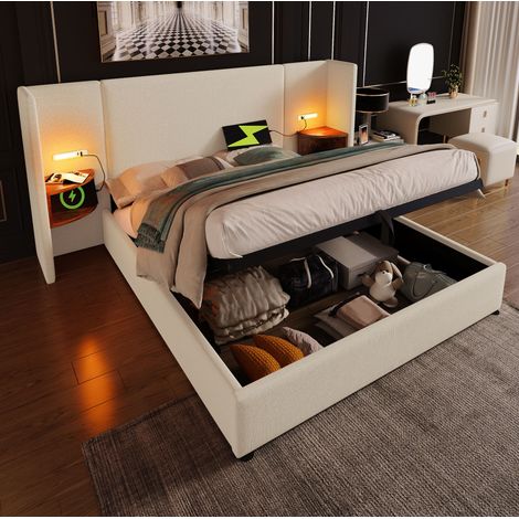Polsterbett 180/200 cm Beige aus Leinen mit Stauraum, Leselampe und USB-C (1/5)