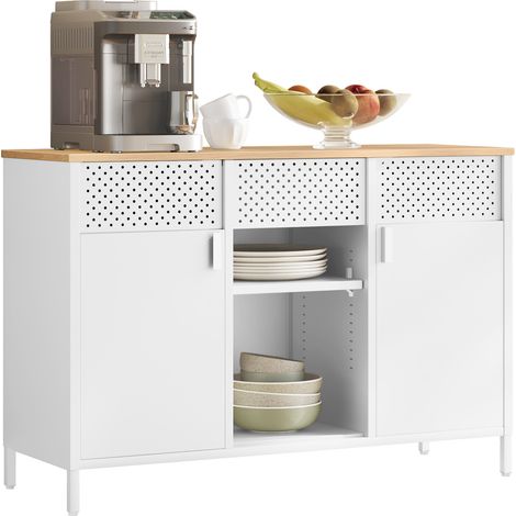 Songmics – Buffet en métal blanc mat et beige chêne – Armoire de rangement à double portes – Étagères réglables – Fermeture magnétique – Dimensions 40 x 110 x 76 cm (1/5)