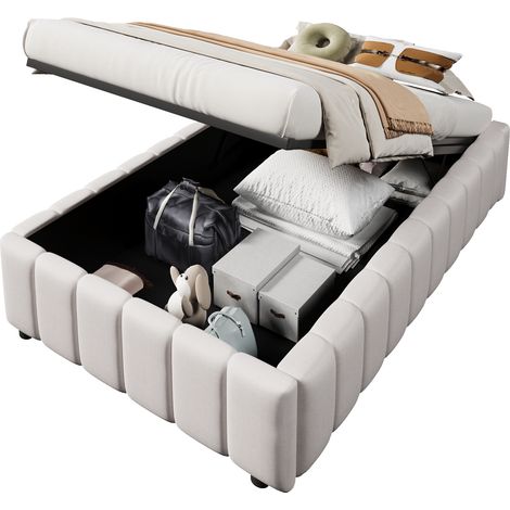 Lit coffre 90x200 cm avec rangement hydraulique, sans tête de lit, sans matelas, tissu beige, design minimaliste gain de place pour chambre adulte  CHICFURN (1/5)