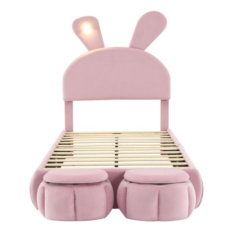 Lit enfant 90x200 velours rose LED oreilles lapin avec tabourets