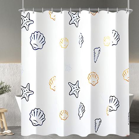 Rideau de douche 240 x 200 cm, motif petite étoile de l'océan, ourlet lesté, anti-moisissure, imperméable, lavable, en tissu polyester, avec œillets et 14 anneaux de rideau de douche (1/5)