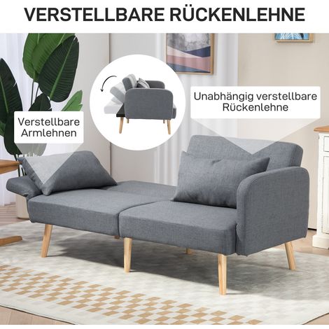Canapé 3 places convertible, 170x83x80cm, dossier inclinable 3 positions, pieds inclus, ressorts ondulés, coussins jetés, aspect lin, gris (1/5)
