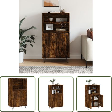 The Living Store Buffet haut Chêne fumé 60x36x110 cm Bois d'ingénierie - Buffet Design Industriel - Meuble Rangement - Buffet Cuisine - Armoire Ouverte - Commode (1/5)