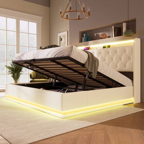 Lit coffre 180x200 cm blanc en similicuir PU, LED 360° avec appli et télécommande, USB et USB-C, tête de lit avec rangements, sommier à lattes inclus, sans matelas (1/5)
