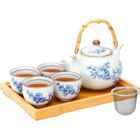 à thé en porcelaine pour 4 personnes, théière avec infuseur en acier inoxydable, tasses bleu et blanc, design fleuri (1/5)