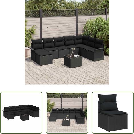 Poly-Rattan - Gartensofa-set mit Kissen 9 pcs Schwarz Poly-Rattan (1/5)