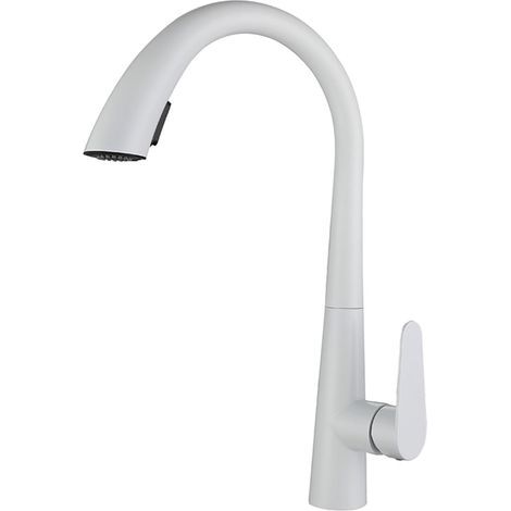 Weiße Küchenarmatur mit Ausziehbrause, 360° drehbare Küchenarmatur mit Ausziehbrause, Küchenarmatur aus Edelstahl, 2 Strahlarten (1/4)