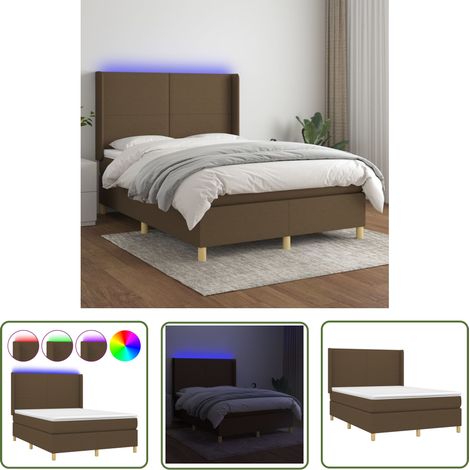 The Living Store Sommier à lattes de lit matelas et LED Marron foncé 140x190 cm - Sommier Tapissier - Lit Plateforme - Lit Avec Led - Matelas À Ressorts Ensachés - Têtière Ajustable (1/5)