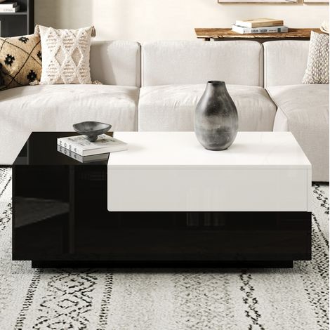 Mesa de centro 100 x 50 x 38 cm con 2 cajones y almacenamiento, negro y blanco DESVIAE (1/5)