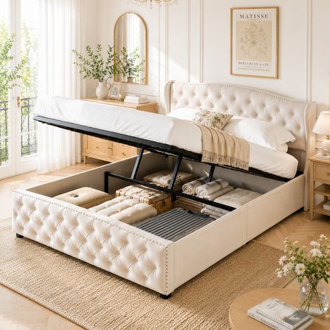 Lit coffre capitonné 140 x 200 - Lit double adulte 140 x 200 - Velour beige - Sommier à lattes - Rangement hydraulique - Motif en losanges avec rivets (1/5)