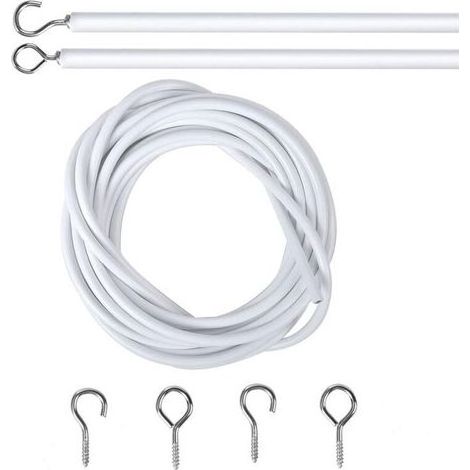 2M Cable pour Rideaux, Blanc Fil de Rideau avec 2 Pièces Piton à Visser Boulons à Oeil et 2 Pièces Crochets à Visser, Câble de Rideau Enduite de Plastique, Cable Rideau Tringle Rideau Souple (1/5)