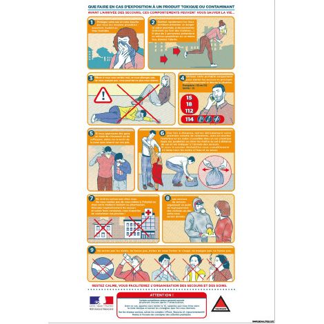 PANNEAU QUE FAIRE EN CAS D'EXPOSITION A UN PRODUIT TOXIQUE OU CONTAMINANT (VIGIPIRATE11) - Adhésif - 150 x 210 mm