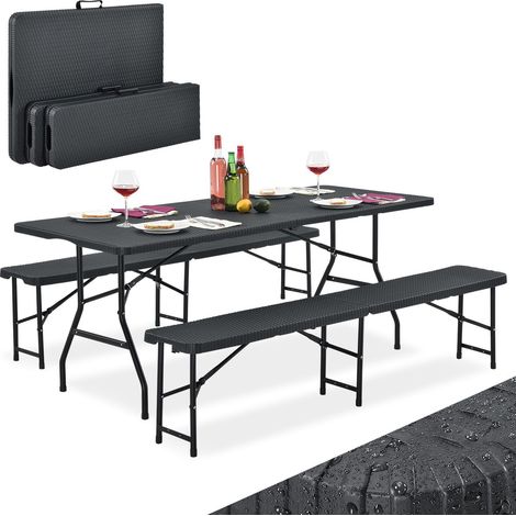 Juskys Bierzeltgarnitur Amberg 3-teilig & klappbar – 180 x 74 x 74 cm – 2 Bierbänke & 1 Biertisch in Rattan-Optik Gartenmöbel-Set Festzeltgarnitur (1/9)