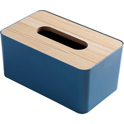 Caja rectangular de plástico para pañuelos de papel con tapa de madera, color azul.