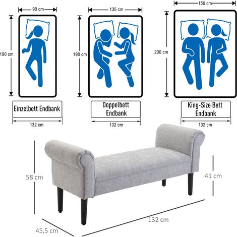 Banc rembourré HOMCOM, méridienne d'appoint, repose-pieds, banquette couloir, banc de chambre, chic à bords arrondis, toile lin, coussin mousse, polyester, gris clair, 132 x 45,5 x 58 cm