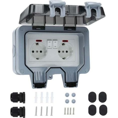 Prise tanche Double Prise Electrique Extrieure IP66 tanche Prise Murale 16A IP66 avec interrupteur apparent- 1 pcs (1/5)