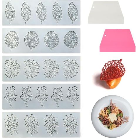 5 Pièces Moule Dentelle Feuille Moule Dentelle Silicone avec 2×Racleurs Moule Patisserie pour Chocolat Bonbons Gommeux Pâte à Sucre Décoration de Gâteaux (1/5)