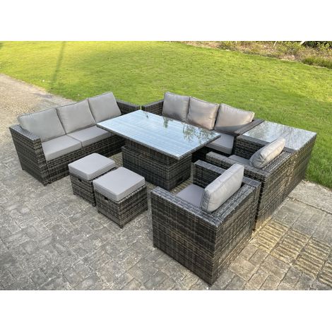 Fimous 10-Sitzer Outdoor Rattan Lounge Gartenmöbel Set Verstellbare Aufsteigende Beistelltische Kleine Hocker Dunkelgrau Gemischt (1/4)