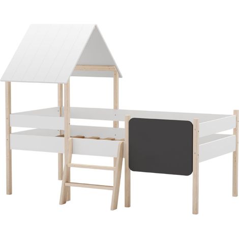 Lit surélevé à barrières 90x190 avec tête de lit cabane en MDF laqué blanc et pin naturel - TYNIE