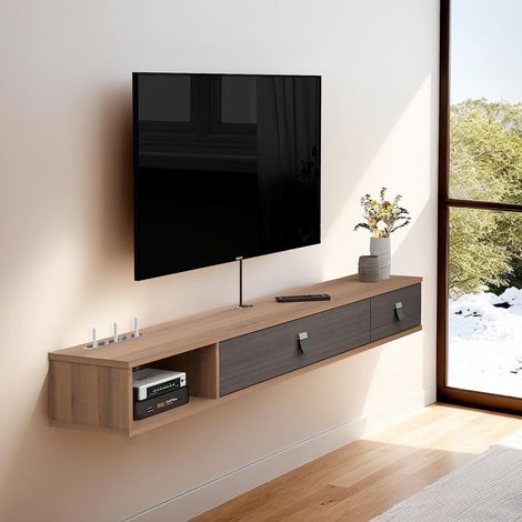 Meuble TV Flottant Suspendu Mural, Étagère Multimédia Flottante, Console de Rangement pour Télévision, Top Box, Câble, Routeur (120cm, Dark Brown) (1/5)