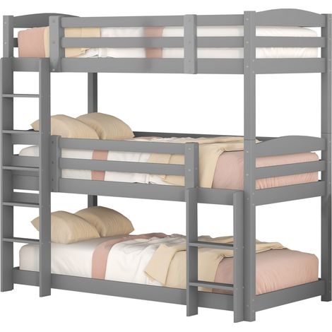 Lit superposé triple 90 x 200 cm pour enfants en bois gris, convertible en 3 couchages, avec deux échelles, sécurité renforcée, sans matelas - CHICFURN (1/5)