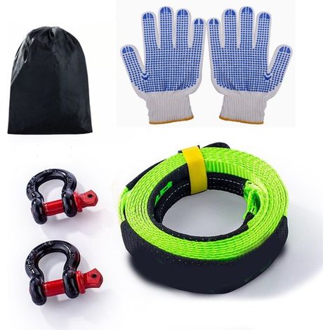 Câble de remorquage 8T 5 m x 5 cm avec 2 crochets renforcés et 1 paire de gants - Vert (1/2)