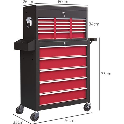 Chariot à outils rouge sur roulettes avec 14 tiroirs,paroi perforée et tapis EVA,modèle verrouillable mobile pour rangement d’atelier.